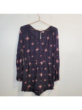 Mudd | Printed Patterned Long Sleeve Romper Elastic Waist Navy purple